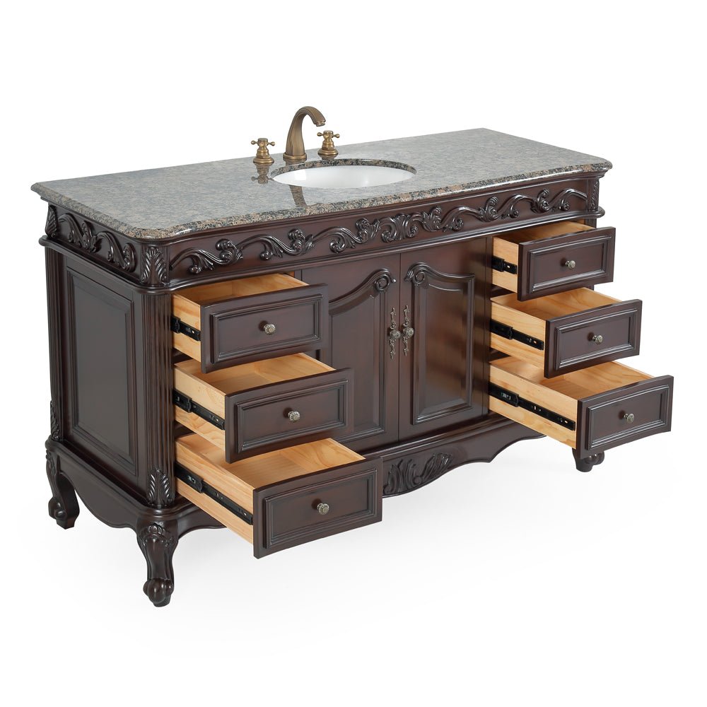 Chans Furniture CF-3882SB-TK-56 56" Traditional Style Brown Beckham Bathroom Sink Vanity With Baltic Brown Top