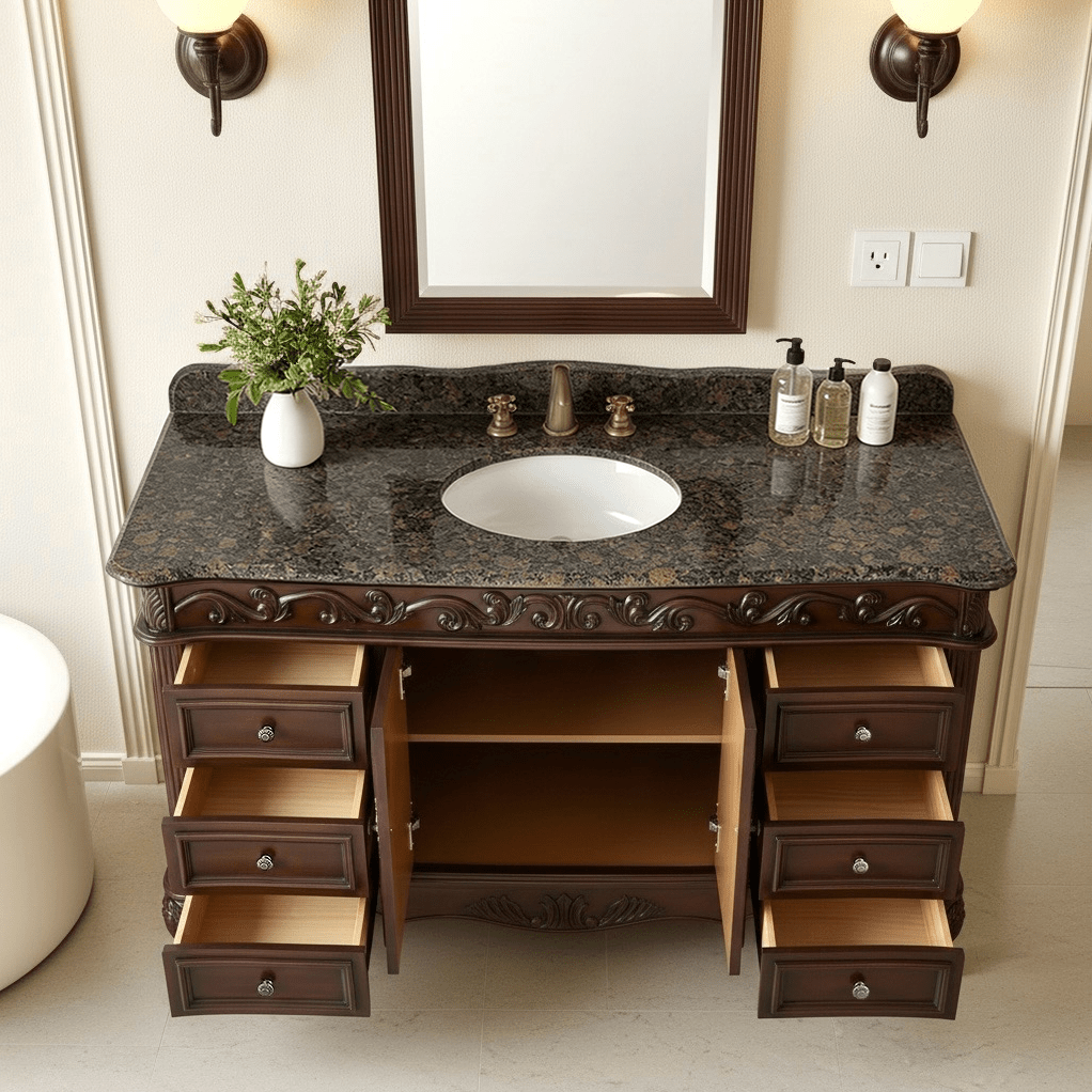 Chans Furniture CF-3882SB-TK-56 56" Traditional Style Brown Beckham Bathroom Sink Vanity With Baltic Brown Top