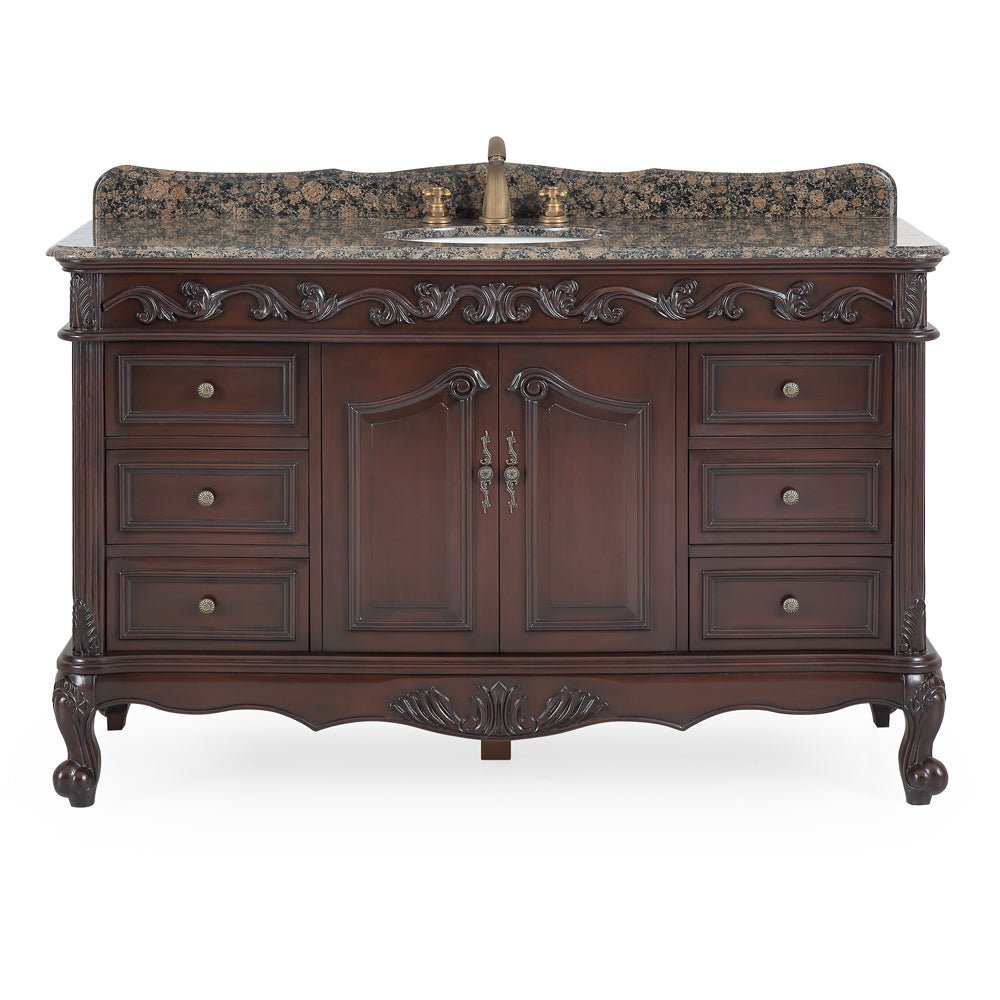 Chans Furniture CF-3882SB-TK-56 56" Traditional Style Brown Beckham Bathroom Sink Vanity With Baltic Brown Top