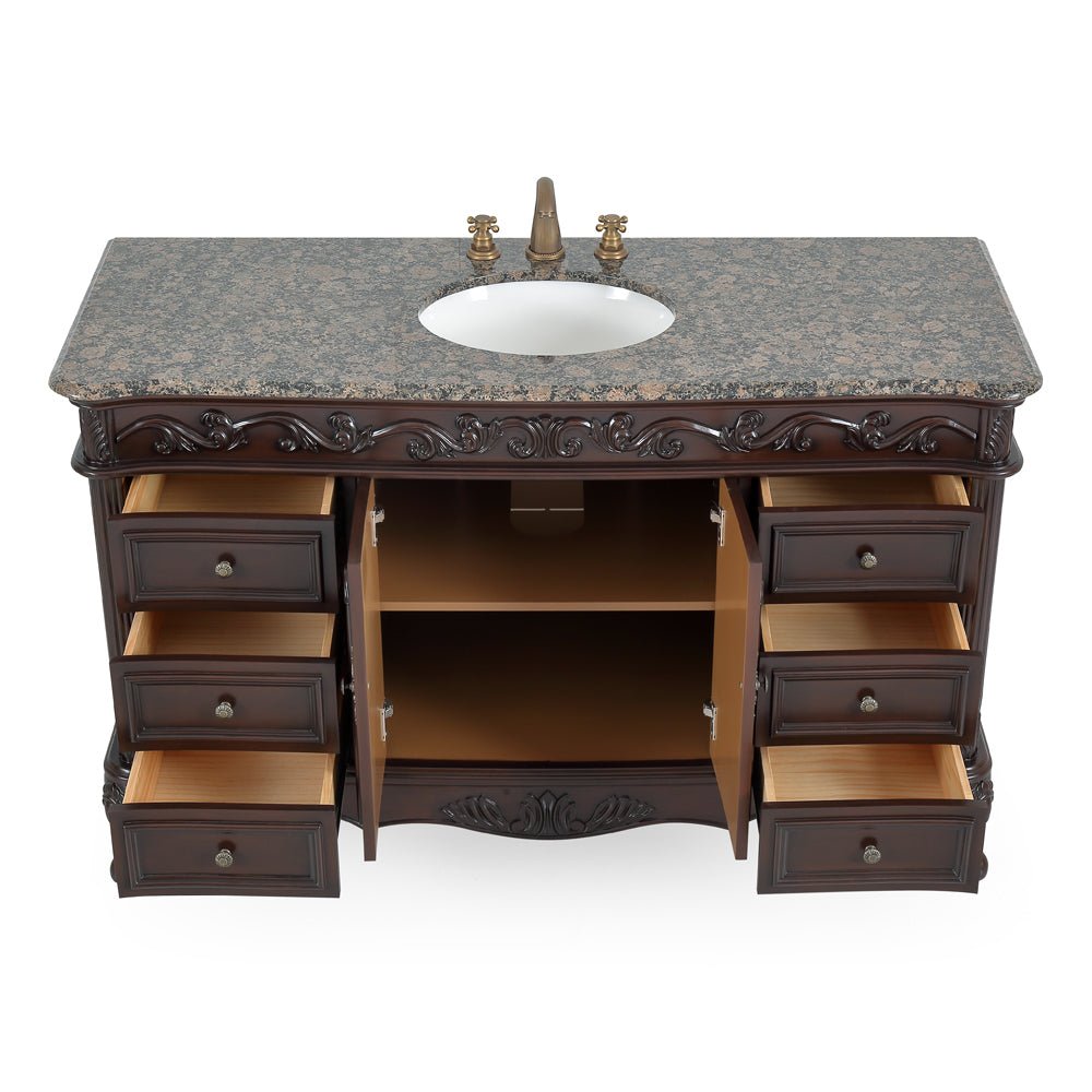 Chans Furniture CF-3882SB-TK-56 56" Traditional Style Brown Beckham Bathroom Sink Vanity With Baltic Brown Top