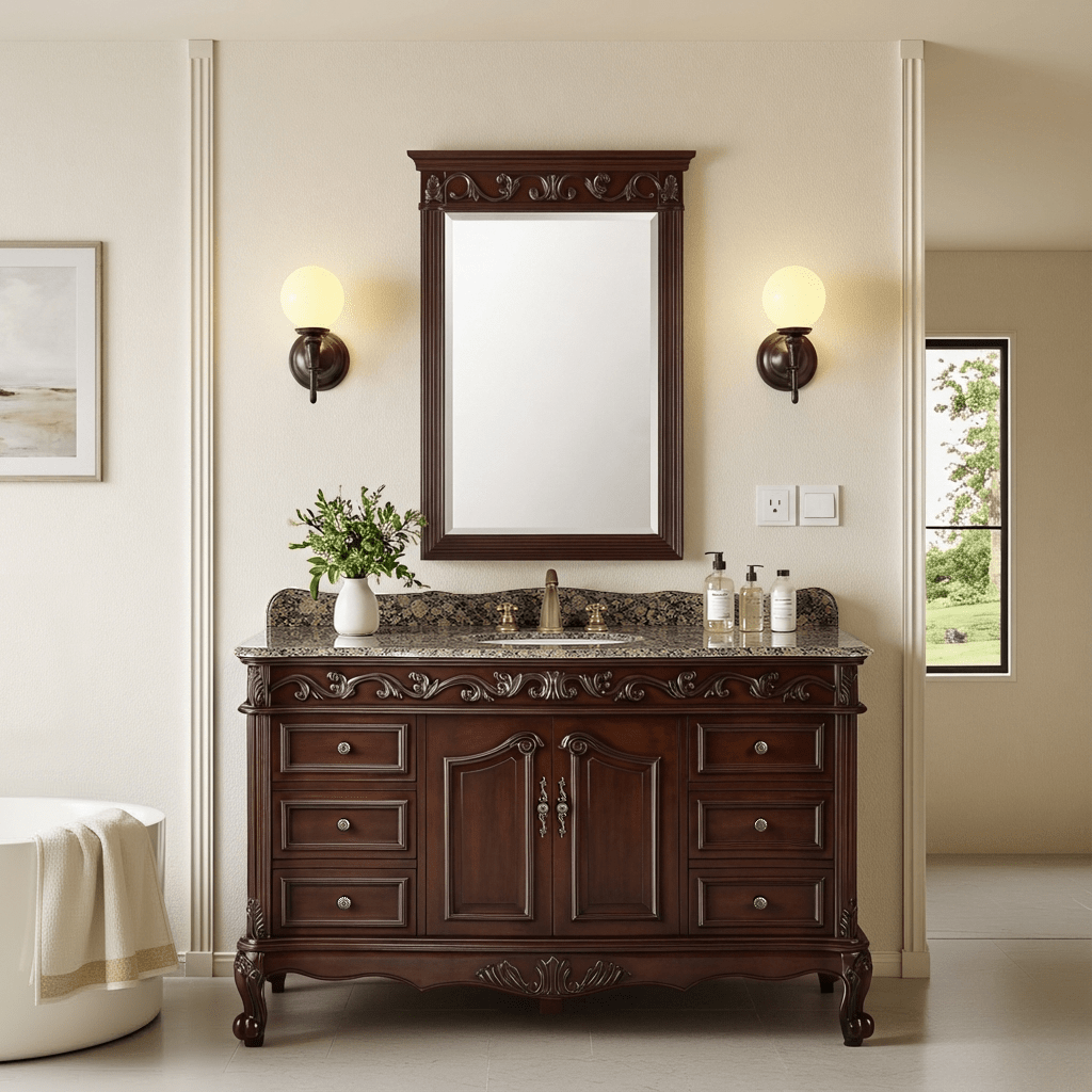 Chans Furniture CF-3882SB-TK-56 56" Traditional Style Brown Beckham Bathroom Sink Vanity With Baltic Brown Top