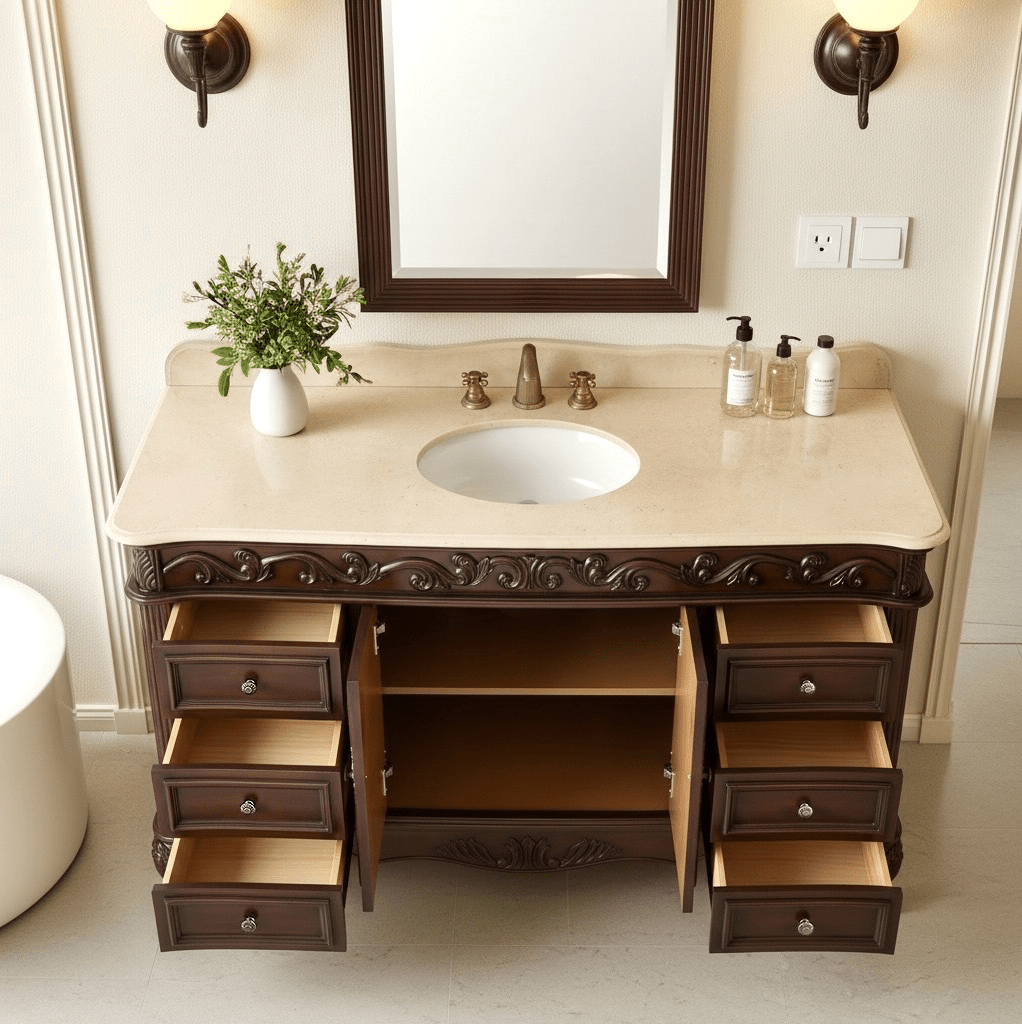 Chans Furniture CF-3882M-TK-56 56" Traditional Style Brown Beckham Bathroom Sink Vanity With CreamTop