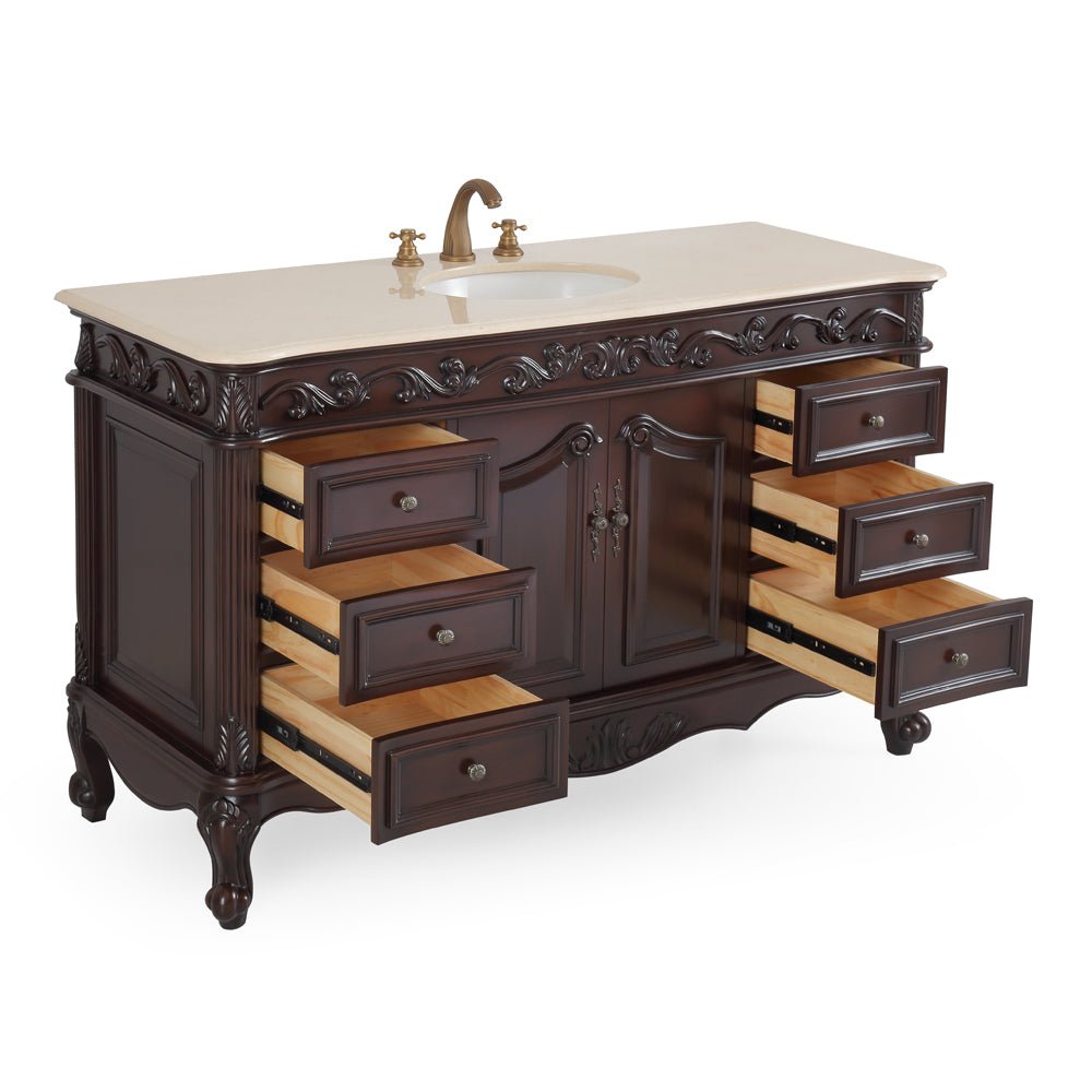 Chans Furniture CF-3882M-TK-56 56" Traditional Style Brown Beckham Bathroom Sink Vanity With CreamTop