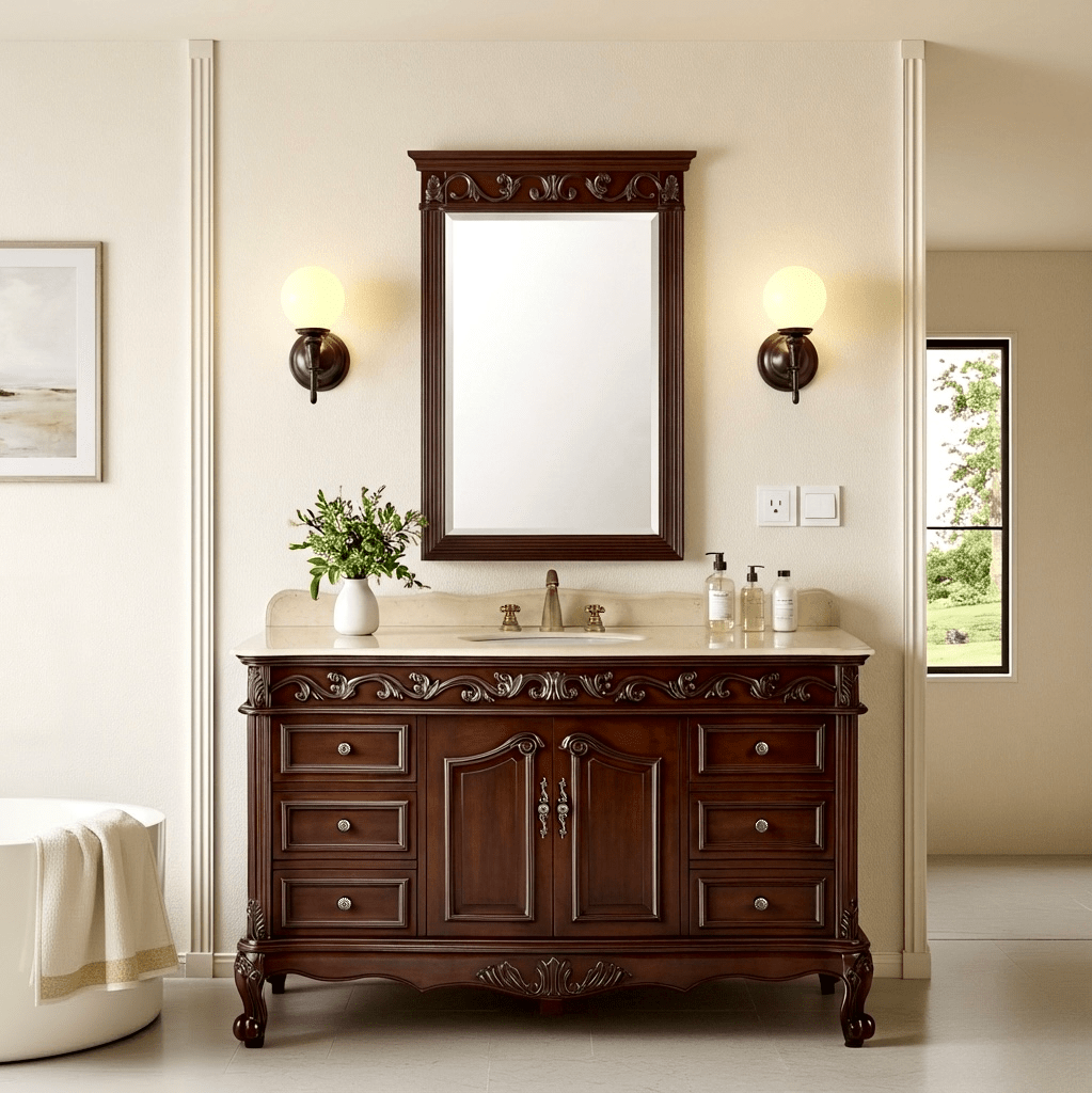Chans Furniture CF-3882M-TK-56 56" Traditional Style Brown Beckham Bathroom Sink Vanity With CreamTop