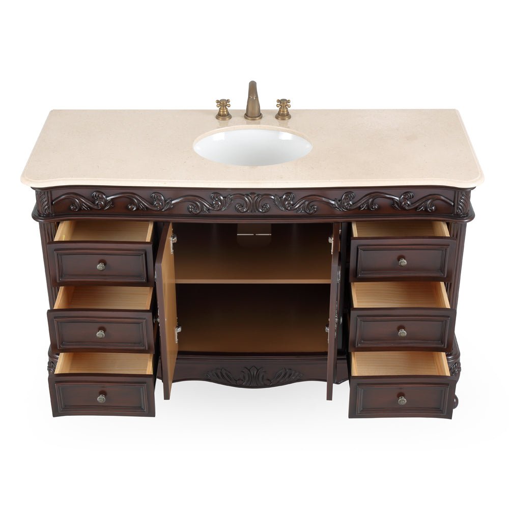 Chans Furniture CF-3882M-TK-56 56" Traditional Style Brown Beckham Bathroom Sink Vanity With CreamTop