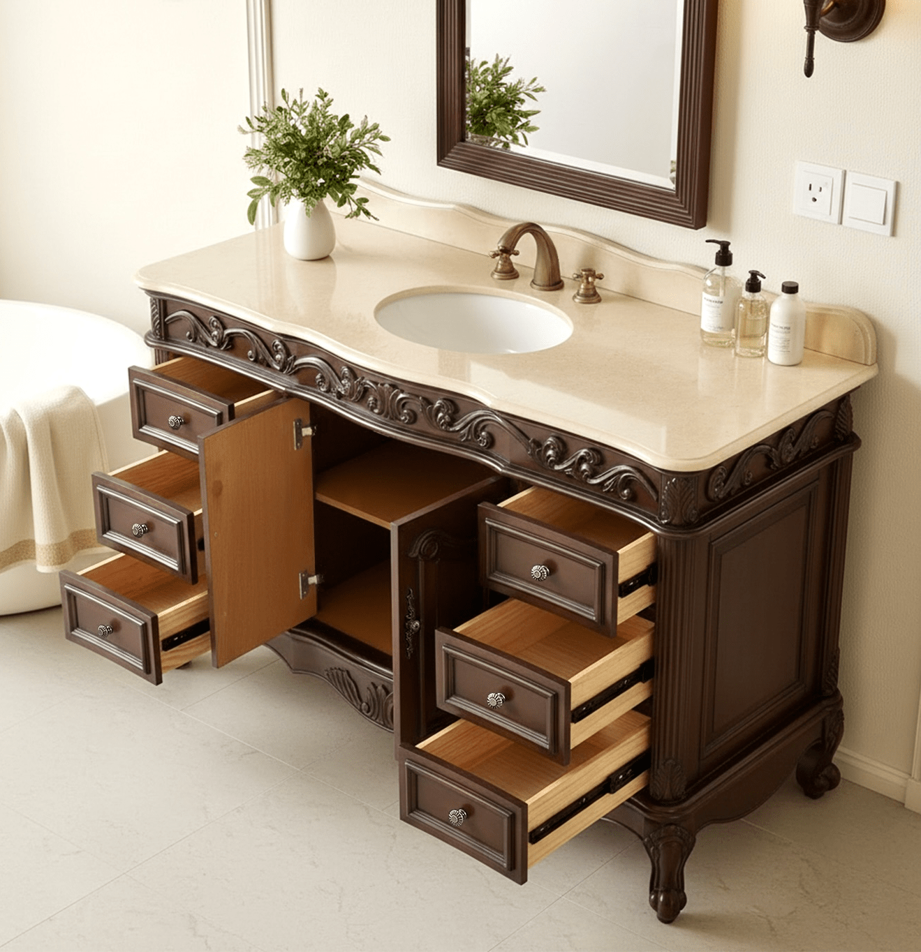 Chans Furniture CF-3882M-TK-56 56" Traditional Style Brown Beckham Bathroom Sink Vanity With CreamTop