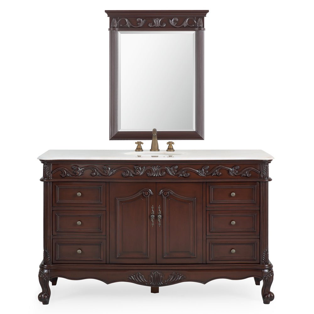 Chans Furniture CF-3882W-TK-56 56" Traditional Style Brown Beckham Bathroom Sink Vanity With White Top