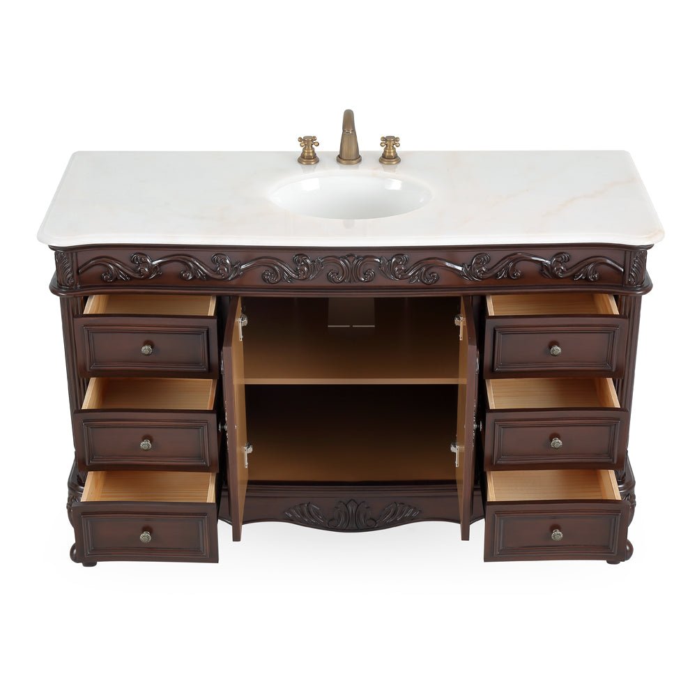 Chans Furniture CF-3882W-TK-56 56" Traditional Style Brown Beckham Bathroom Sink Vanity With White Top