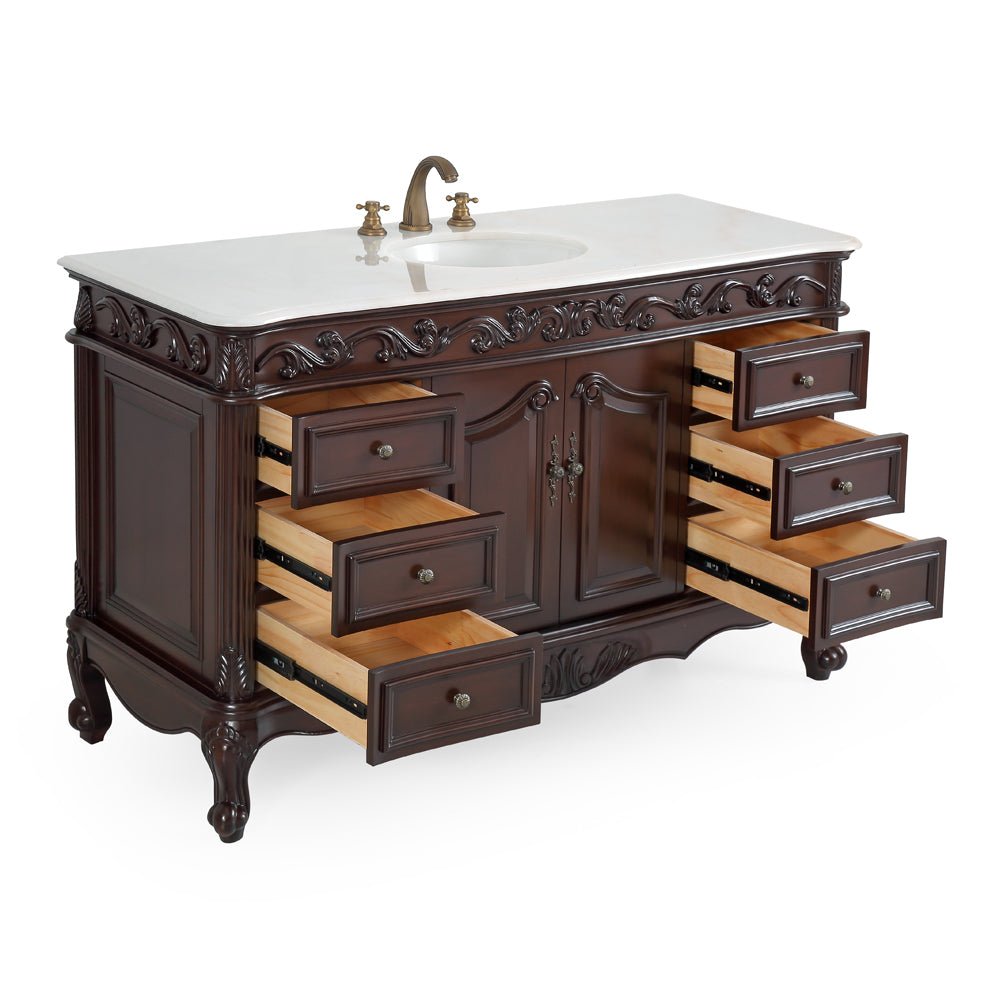 Chans Furniture CF-3882W-TK-56 56" Traditional Style Brown Beckham Bathroom Sink Vanity With White Top