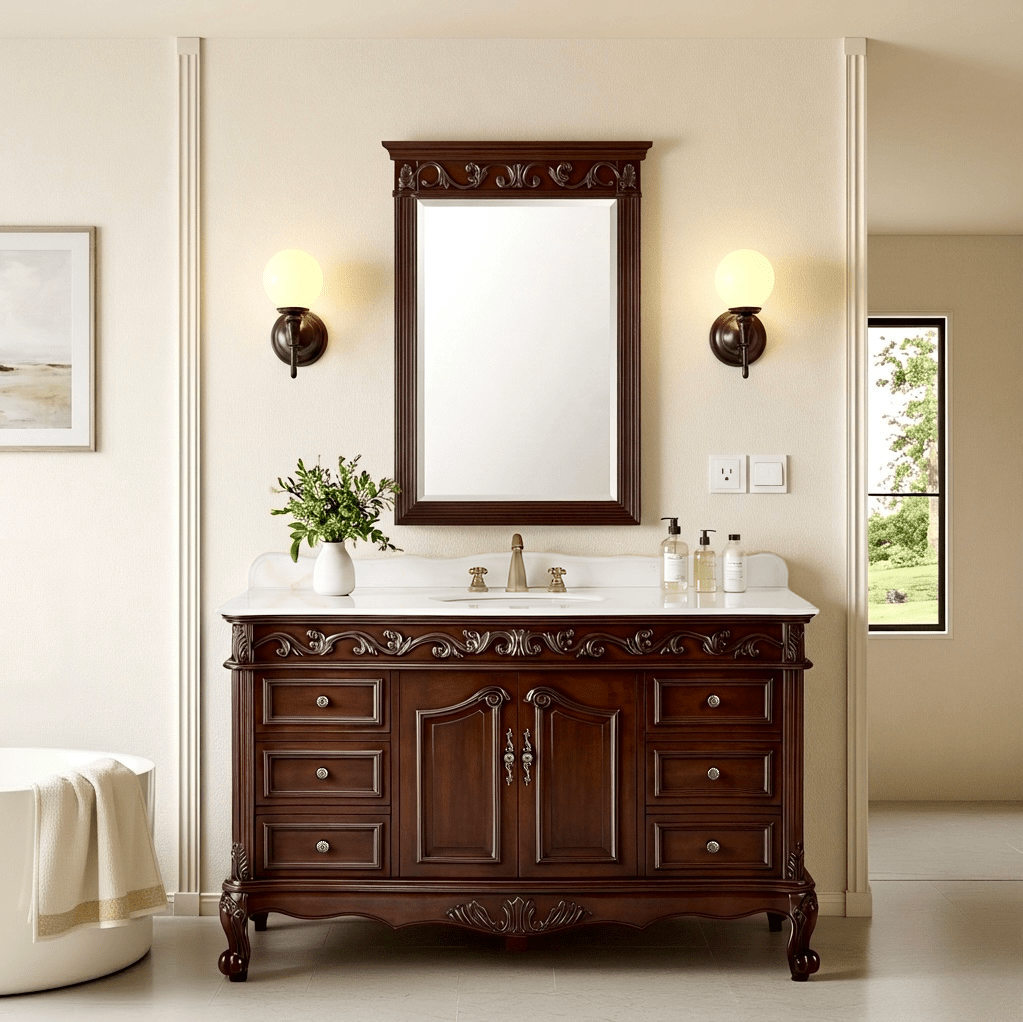 Chans Furniture CF-3882W-TK-56 56" Traditional Style Brown Beckham Bathroom Sink Vanity With White Top