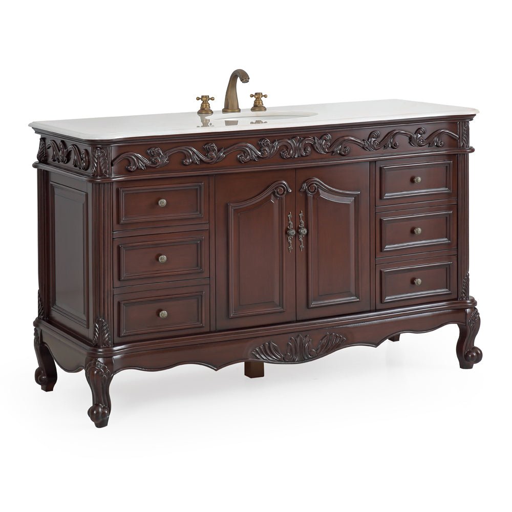 Chans Furniture CF-3882W-TK-56 56" Traditional Style Brown Beckham Bathroom Sink Vanity With White Top