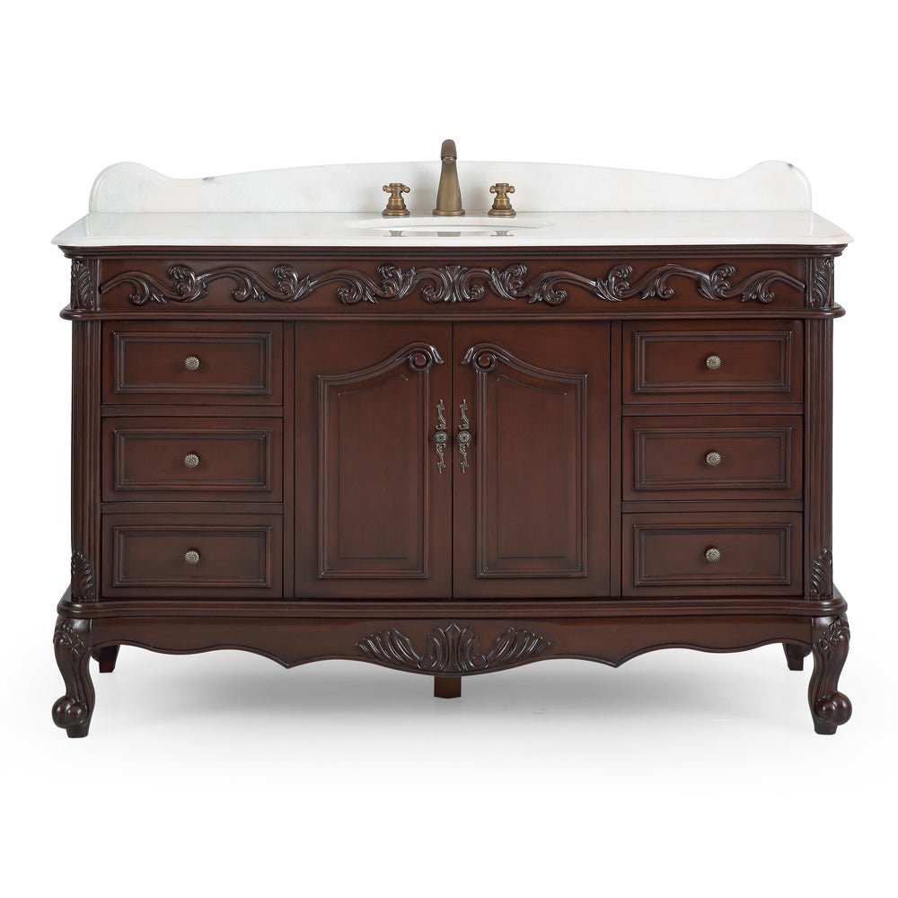 Chans Furniture CF-3882W-TK-56 56" Traditional Style Brown Beckham Bathroom Sink Vanity With White Top