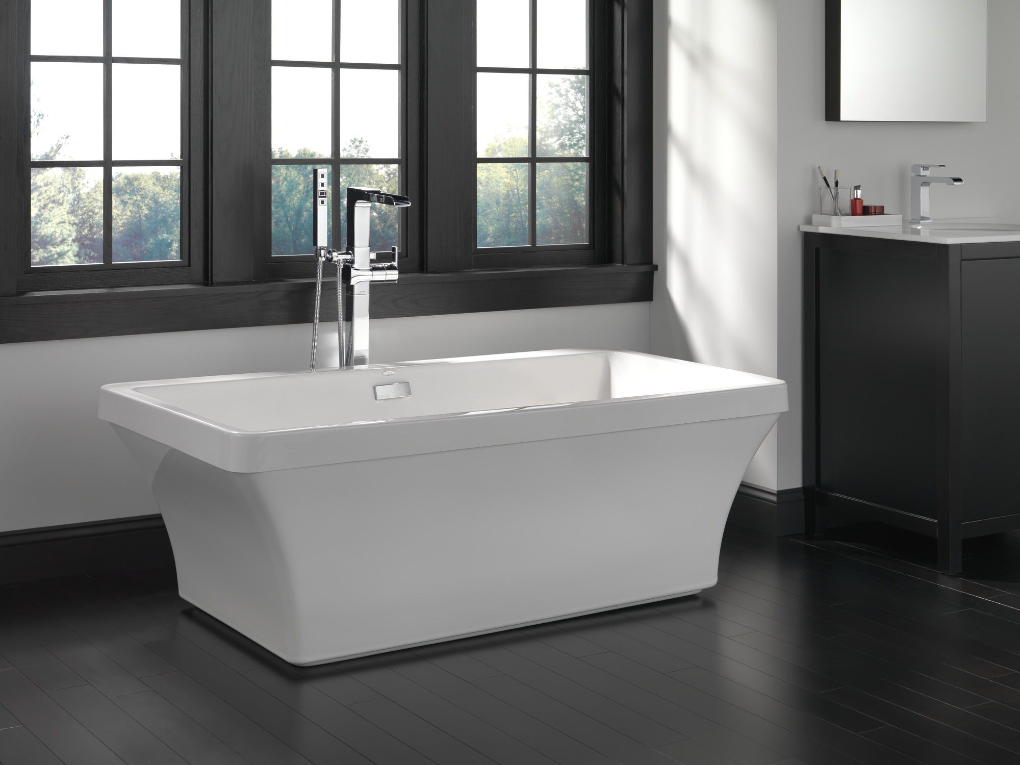 Delta Ara® Single Handle Floor Mount Channel Spout Tub Filler Trim with Hand Shower
