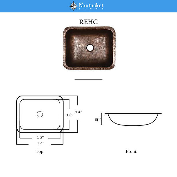 Nantucket REHC - 17" X 14" Hammered Copper Rectangle Undermount Bathroom Sink, 1.5" Drain