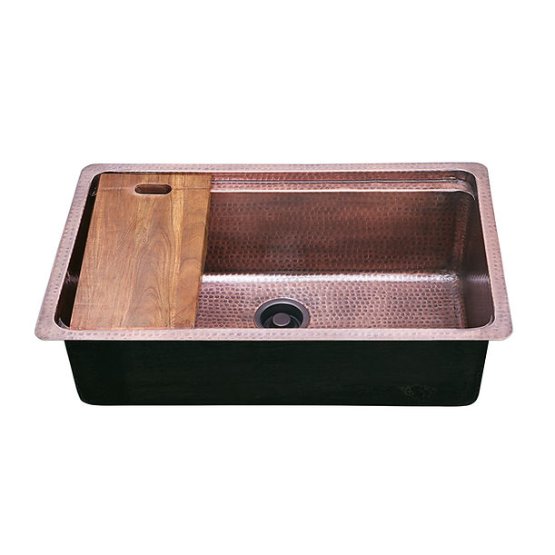 Nantucket Brightwork Collection Hammered Copperl Large Single Bowl Prep Station Sink includes Accacia Cutting Board