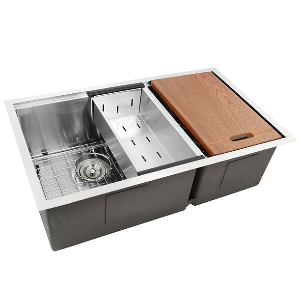 Nantucket SR-PS-3219-OS-16 Offset Double Bowl Prep Station Small Radius Undermount Stainless Sink with Accessories