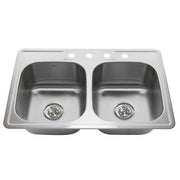 Nantucket NS3322-DE - 33" Double Bowl Equal Self Rimming Stainless Steel Drop In Kitchen Sink, 18 Gauge