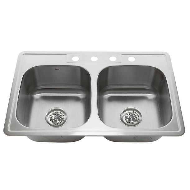 Nantucket NS3322-DE - 33" Double Bowl Equal Self Rimming Stainless Steel Drop In Kitchen Sink, 18 Gauge