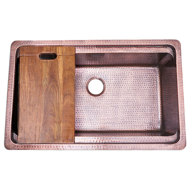 Nantucket Brightwork Collection Hammered Copperl Large Single Bowl Prep Station Sink includes Accacia Cutting Board
