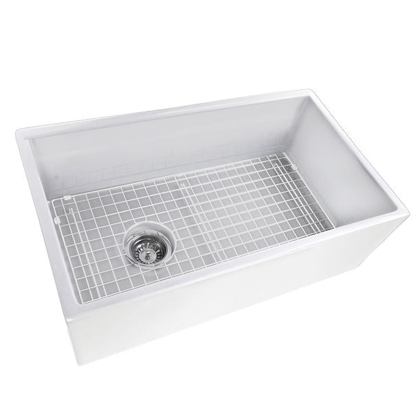 Nantucket 30" White Fireclay Farmhouse Sink Offset Drain - Made In Italy