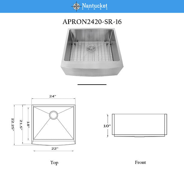 Nantucket Apron2420SR-16 - 24" Pro Series Single Bowl Farmhouse Apron Front Stainless Steel Kitchen Sink