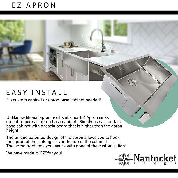 Nantucket EZApron33 Patented Design Pro Series Single Bowl Undermount Stainless Steel Kitchen Sink with 7" Apron Front