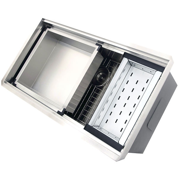 36" Pro Series Large Prep Station Single Bowl Undermount Stainless Steel Kitchen Sink, with Included Rinse Tray, Bottom Grid, Colander, and NS35CD Drain.