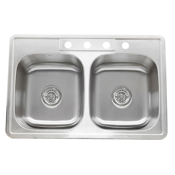 Nantucket NS3322-DE - 33" Double Bowl Equal Self Rimming Stainless Steel Drop In Kitchen Sink, 18 Gauge