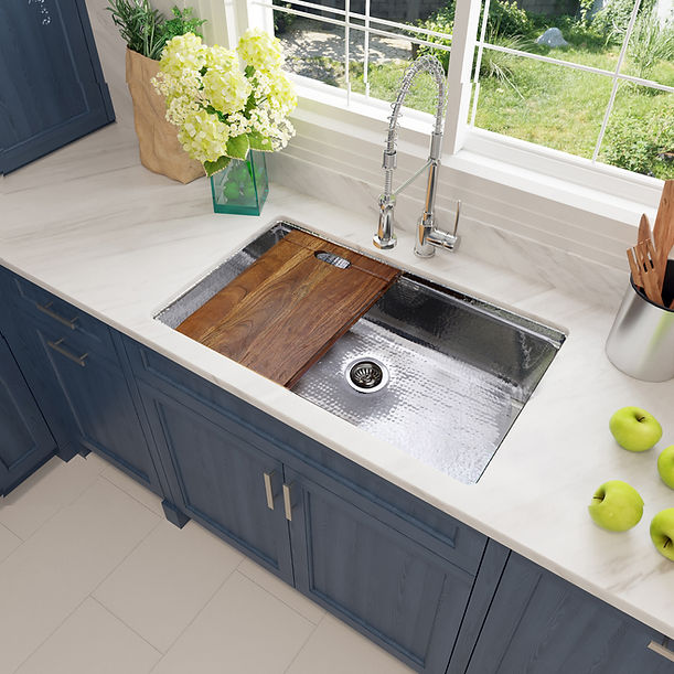 Nantucket Brightwork Collection Hammered Stainless Steel Large Single Bowl Prep Station Sink includes Accacia Cutting Board