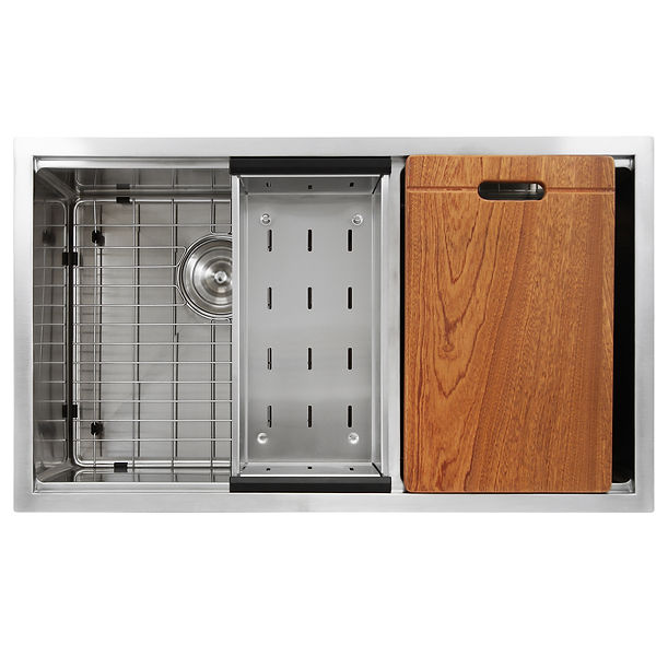 Nantucket SR-PS-3219-OS-16 Offset Double Bowl Prep Station Small Radius Undermount Stainless Sink with Accessories
