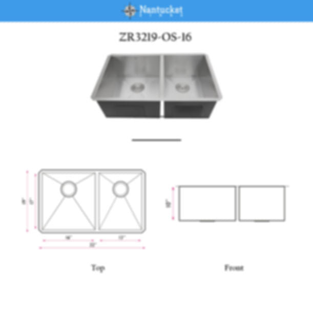 Nantucket SR3219-OS-16 - 32" Pro Series Large Rectangle Double Offset Bowls Undermount Small Radius Stainless Steel Kitchen Sink