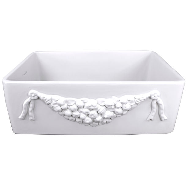 Farmhouse Fireclay Apron Sink with an embossed decorative design