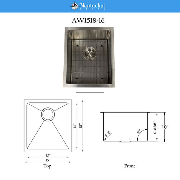 Nantucket AW1518-16 - 15" All Weather Rectangle Undermount Small Radius Stainless Steel Bar/Prep Sink