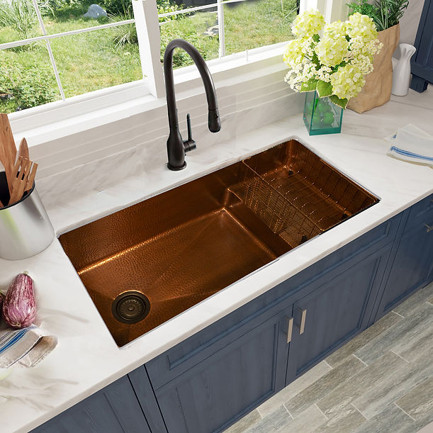 Nantucket STEPPE3918 Pro Series Undermount Hammered Copper Kitchen Sink with Compatible Accessories
