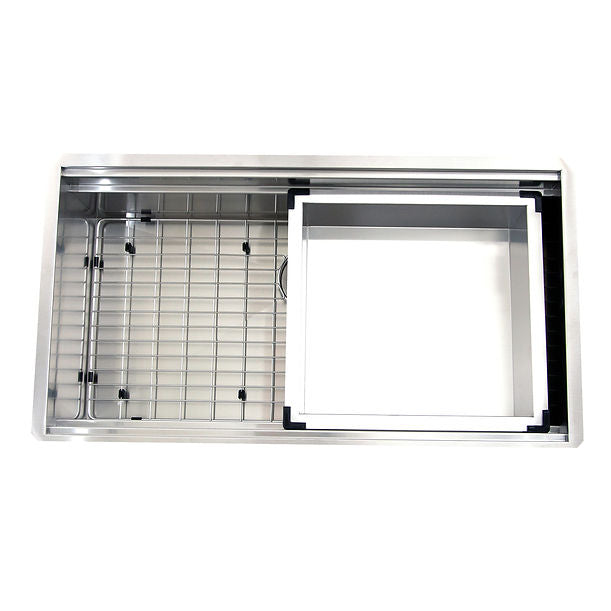 36" Pro Series Large Prep Station Single Bowl Undermount Stainless Steel Kitchen Sink, with Included Rinse Tray, Bottom Grid, Colander, and NS35CD Drain.