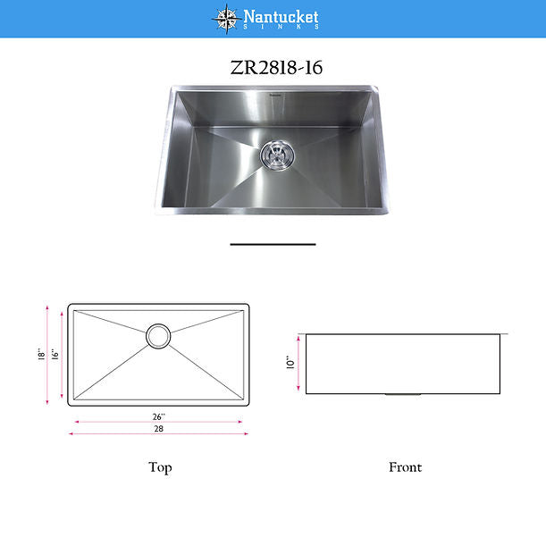 28" Pro Series Large Rectangle Single Bowl Undermount Zero Radius Stainless Steel Kitchen Sink