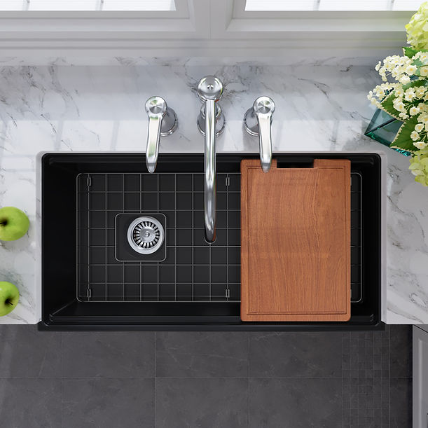 Nantucket 36" Matte Black Farmhouse Workstation Fireclay Sink with Offset Drain