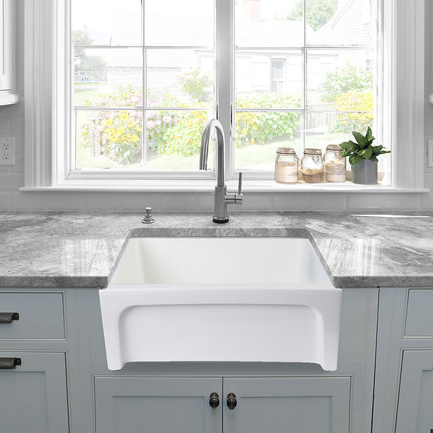 Nantucket Chatham-24 24" Fireclay Farmhouse Apron Sink with reversible facadesPlain on one side and arched on the other