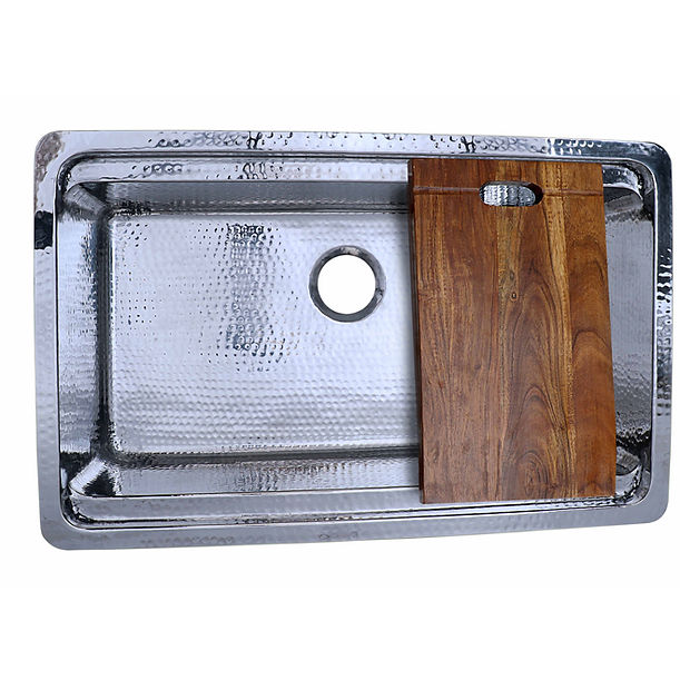 Nantucket Brightwork Collection Hammered Stainless Steel Large Single Bowl Prep Station Sink includes Accacia Cutting Board