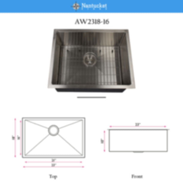 Nantucket AW2318-16 All Weather Rectangle Single Bowl Undermount Small Radius Corners Stainless Steel Kitchen Sink