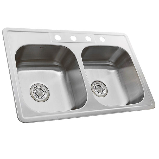 Nantucket NS3322-DE - 33" Double Bowl Equal Self Rimming Stainless Steel Drop In Kitchen Sink, 18 Gauge