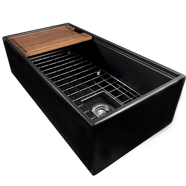 Nantucket 36" Matte Black Farmhouse Workstation Fireclay Sink with Offset Drain