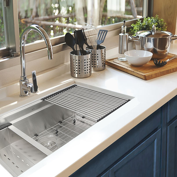 32" Pro Series Large Prep Station Single Bowl Undermount Stainless Steel Kitchen Sink, with Included Rolling Mat, Grid, Colander, and Drain.