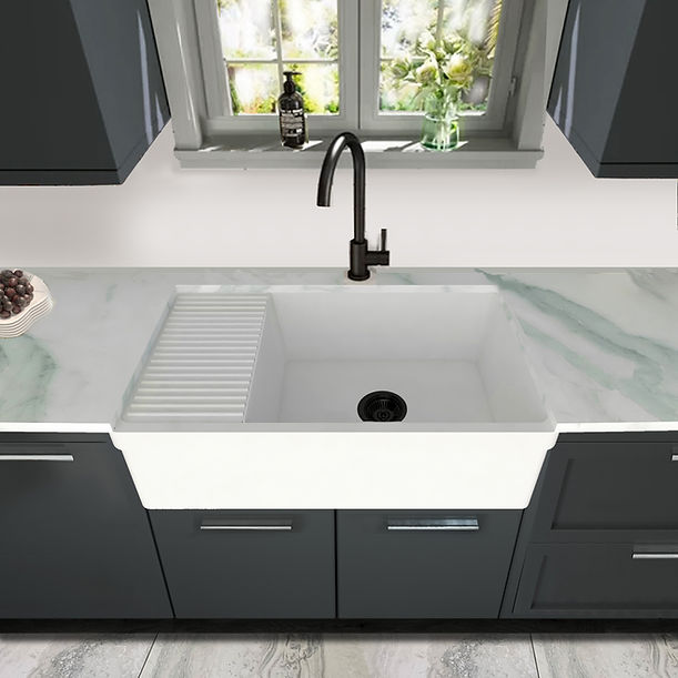 Nantucket 36" Italian Farmhouse Fireclay Sink with Built-In Drainboard