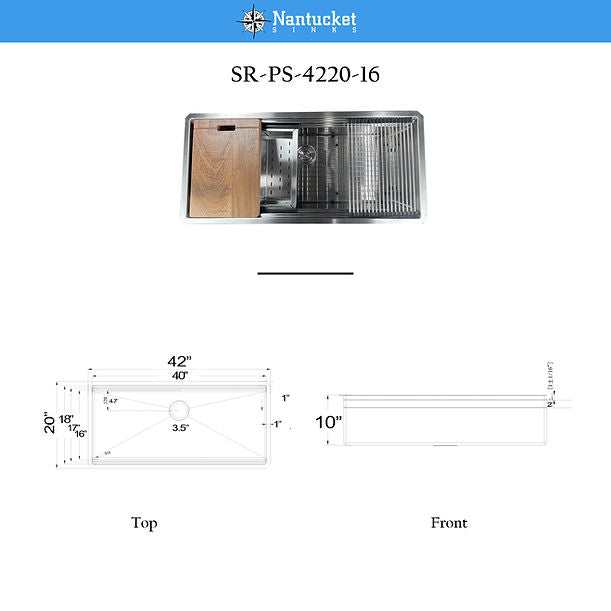 Nantucket SR-PS-4220-16 - 42" Pro Series Prep Station Single Bowl Undermount Stainless Steel Kitchen Sink with Compatible Accessories