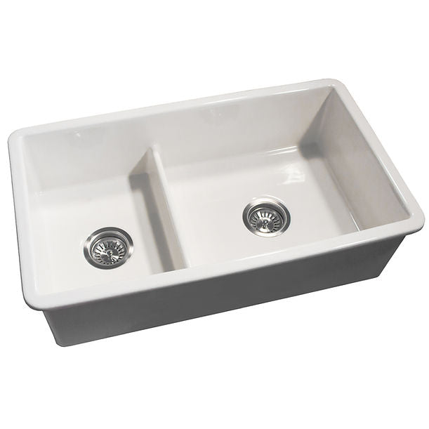 31" Fine Fireclay Double Bowl Dual Mount Sink with 60/40 BowlsIncludes 2 drains.