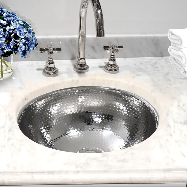 Nantucket ROS-OF 13" Hand Hammered Stainless Steel Round Undermount Bathroom Sink With Overflow