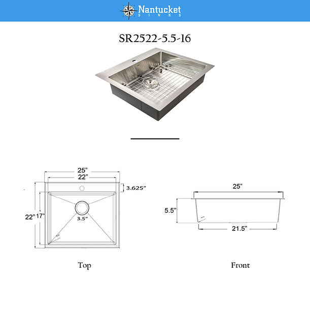 Nantucket SR2522-5.5-16 Pro Series Small Radius Topmount Single Hole Stainless Steel ADA Kitchen Sink