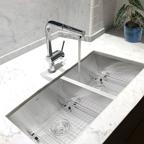 Nantucket SR3219-OS-16 - 32" Pro Series Large Rectangle Double Offset Bowls Undermount Small Radius Stainless Steel Kitchen Sink