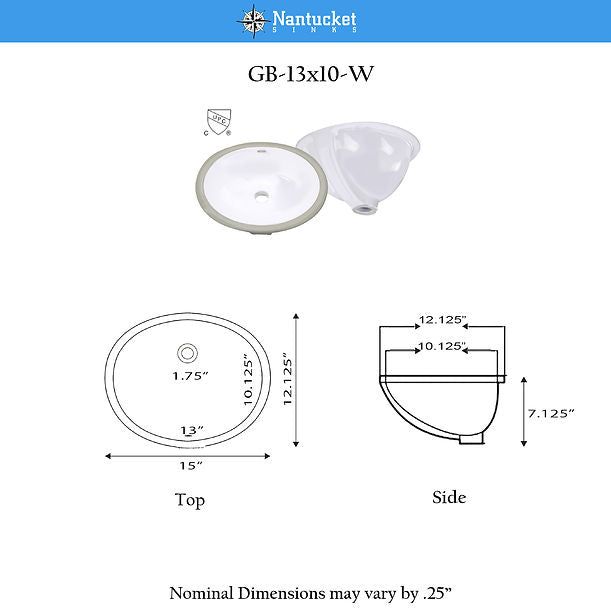 Nantucket Glazed Bottom 13" X 10" Undermount Ceramic Sink In White GB-13x10-W